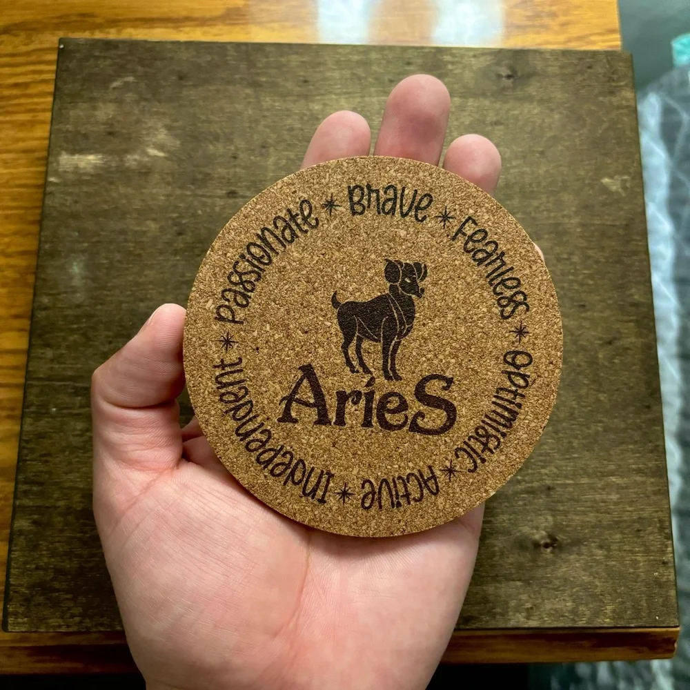 Aries Zodiac Sign Encircled Laser Engraved Cork Coaster